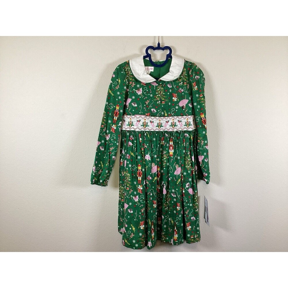 Bonnie Jean Girl's Smocked Nutcracker Print Green Tie Back Christmas Dress 6X